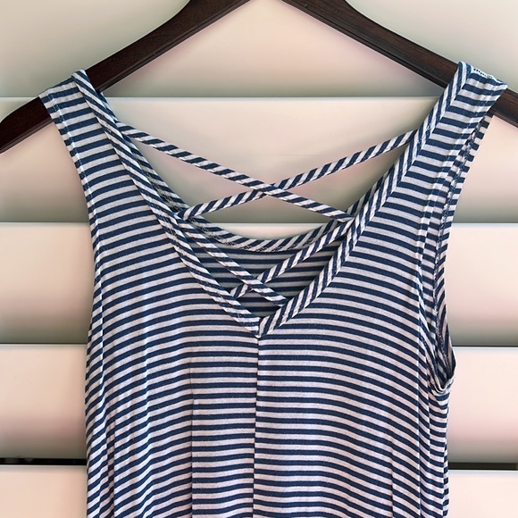 Blue and White light striped tank top sundress with criss cross back - Picture 4 of 5